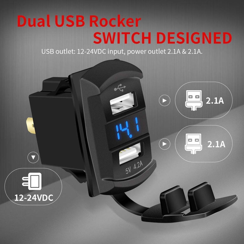 DaierTek Marine USB Rocker Switch 12V Dual Charger Ports 4.2A Waterproof Outlet Socket with Blue LED Digital Voltmeter - Image 2