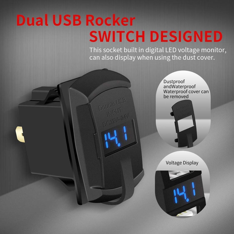 DaierTek Marine USB Rocker Switch 12V Dual Charger Ports 4.2A Waterproof Outlet Socket with Blue LED Digital Voltmeter - Image 4