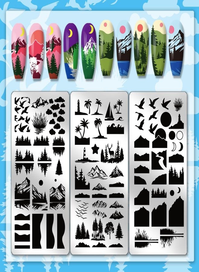 PH PandaHall 3 قطع لوحات طباعة الأظافر الطبيعية فن الأظافر قوالب الغابة قوالب فن الأظافر الجبلية قوالب طباعة سماء الليل مع طابع وكاشط للنساء صالون مانيكير DIY 4.7x2.3 بوصة - Image 3