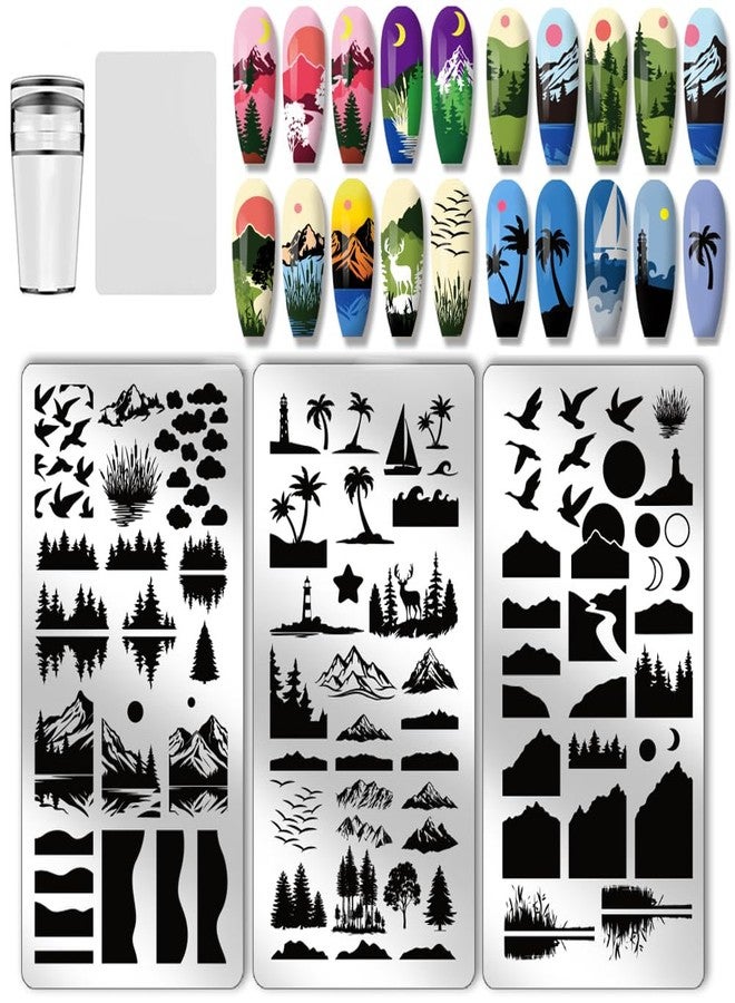 PH PandaHall 3 قطع لوحات طباعة الأظافر الطبيعية فن الأظافر قوالب الغابة قوالب فن الأظافر الجبلية قوالب طباعة سماء الليل مع طابع وكاشط للنساء صالون مانيكير DIY 4.7x2.3 بوصة - Image 1