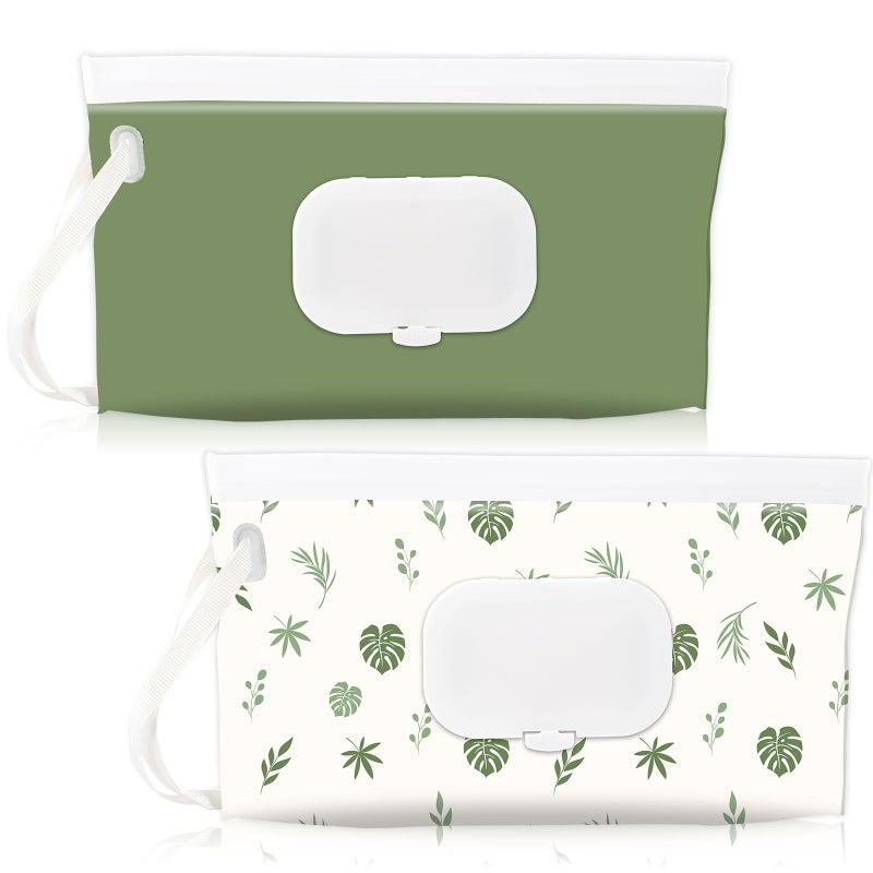 FEBSNOW 2 Pack Baby Wipes Dispenser Holder, Portable Refillable Baby Wet Wipes Pouch Container Reusable Travel Case for Outdoor Hiking, Green Leaves - Image 1