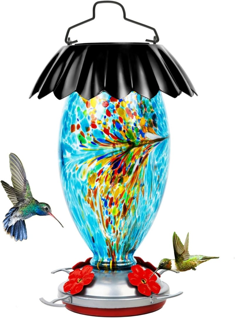 REZIPO Solar Hummingbird Feeder for Outdoors Hanging Colorful Lighting 32 Oz Hand Blown Glass Hummingbird Feeder for Garden Decoration with Accessories (Blue) - Image 1