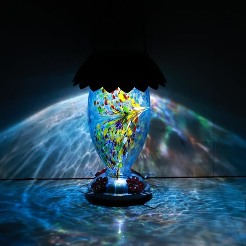 REZIPO Solar Hummingbird Feeder for Outdoors Hanging Colorful Lighting 32 Oz Hand Blown Glass Hummingbird Feeder for Garden Decoration with Accessories (Blue) - Image 3