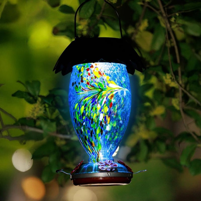 REZIPO Solar Hummingbird Feeder for Outdoors Hanging Colorful Lighting 32 Oz Hand Blown Glass Hummingbird Feeder for Garden Decoration with Accessories (Blue) - Image 4