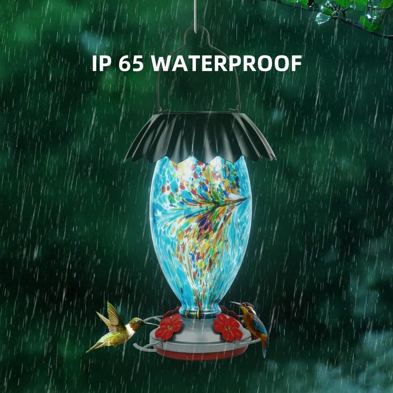 REZIPO Solar Hummingbird Feeder for Outdoors Hanging Colorful Lighting 32 Oz Hand Blown Glass Hummingbird Feeder for Garden Decoration with Accessories (Blue) - Image 5