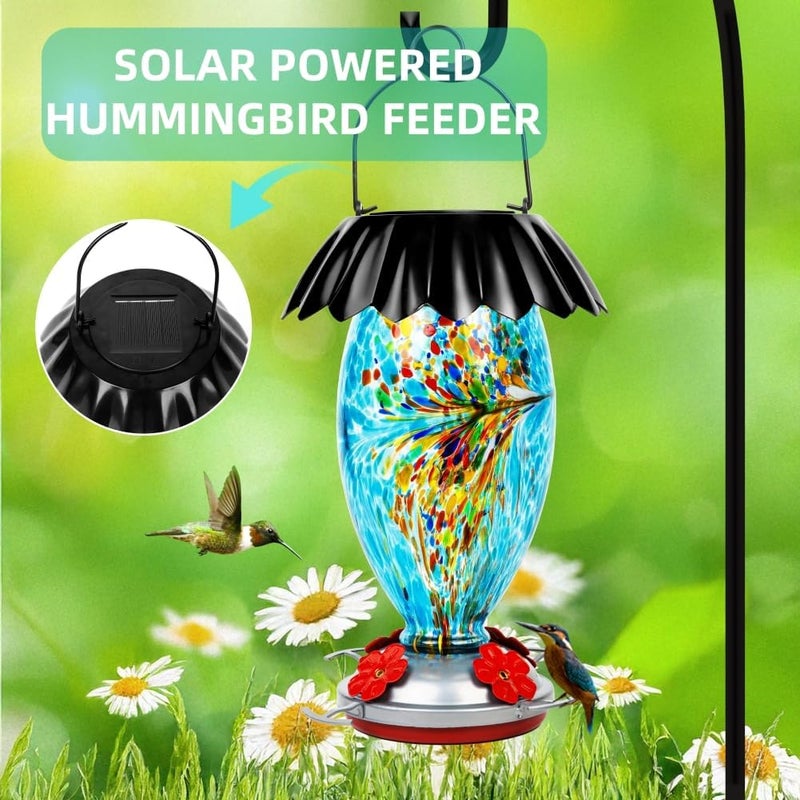 REZIPO Solar Hummingbird Feeder for Outdoors Hanging Colorful Lighting 32 Oz Hand Blown Glass Hummingbird Feeder for Garden Decoration with Accessories (Blue) - Image 2