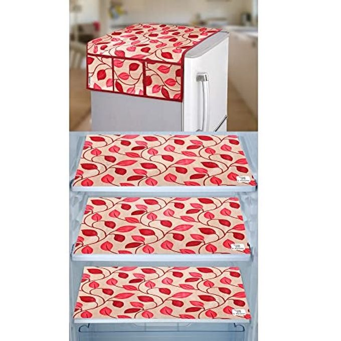 E-Retailer Polyester 3-Layered Fridge Top Cover/Refrigerator Cover With Utility Pockets and Set of 3 Pc Fridge Mats (Color-Leaf Red, Size-39x21 Inch) - Image 1