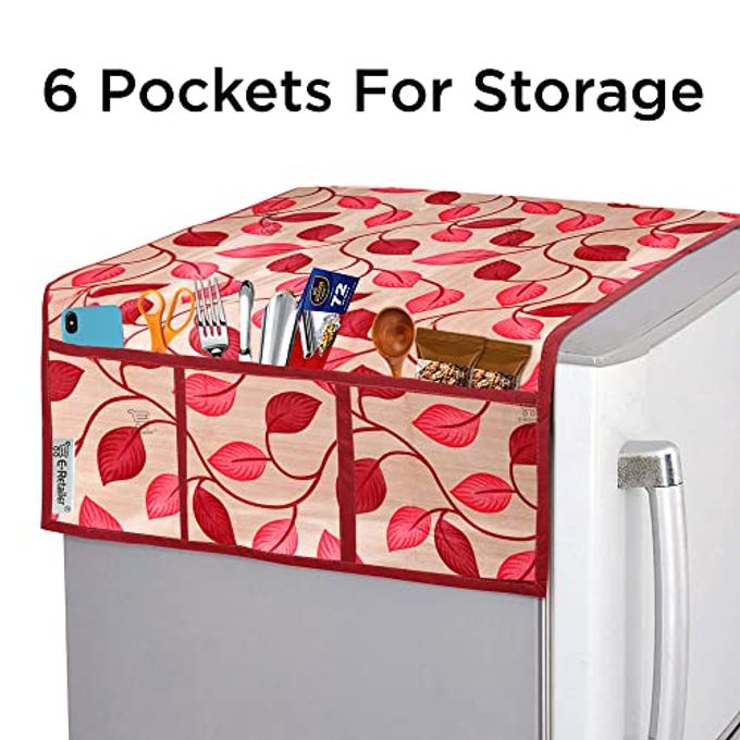 E-Retailer Polyester 3-Layered Fridge Top Cover/Refrigerator Cover With Utility Pockets and Set of 3 Pc Fridge Mats (Color-Leaf Red, Size-39x21 Inch) - Image 2