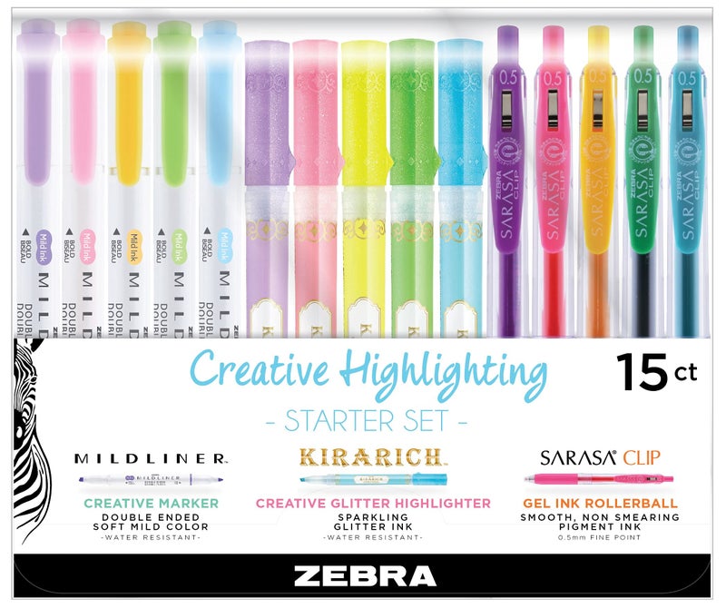Zebra Pen Creative Starter Set 15-Pack, Includes 5 Kirarich Highlighters, 5 Mildliner Creative Markers, and 5 Sarasa Clip Retractable Gel Pens, Assorted Ink Colors, Ideal For Stocking Stuffers (76015) - Image 1
