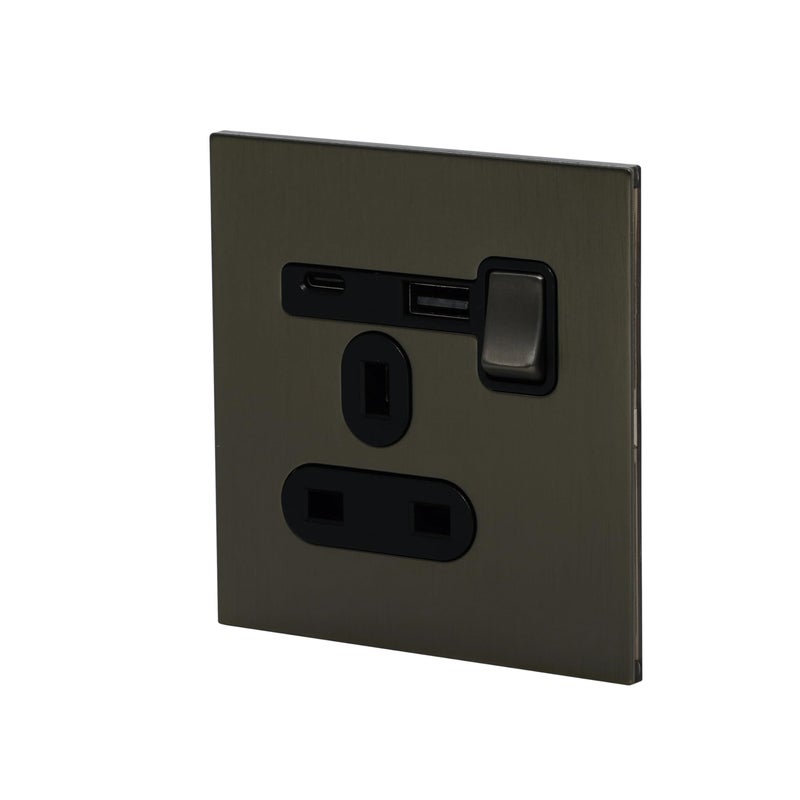 Donmarco مأخذ كهربائي بريطاني مفرد 13A - USB (5V 3.1A) + Type-C (18W) – لوحة من الفولاذ المقاوم للصدأ، مأخذ كهربائي مقاوم للحريق، ضمان لمدة 3 سنوات، منفذين شحن، مأخذ طاقة 13A (رمادي غامق) - Image 2