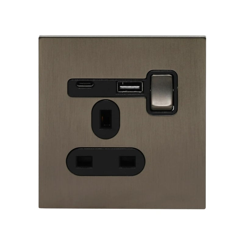 Donmarco مأخذ كهربائي بريطاني مفرد 13A - USB (5V 3.1A) + Type-C (18W) – لوحة من الفولاذ المقاوم للصدأ، مأخذ كهربائي مقاوم للحريق، ضمان لمدة 3 سنوات، منفذين شحن، مأخذ طاقة 13A (رمادي غامق) - Image 1