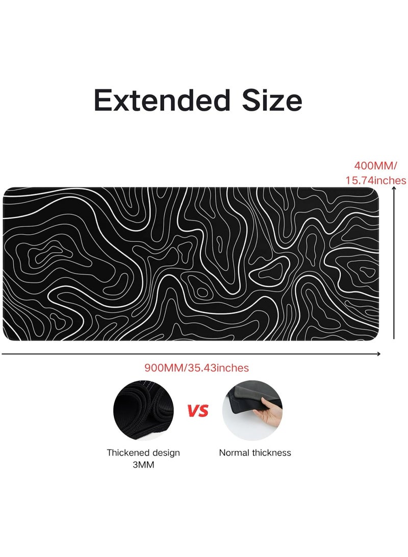90CM x 40CM Black Gaming Laptop Mouse Pad, Topographic Gaming Mouse Pad, Big Desk Pads PC Keyboard Non-Slip Thick Rubber Table Mat, Mouse Pads-White Solid Wire Head
