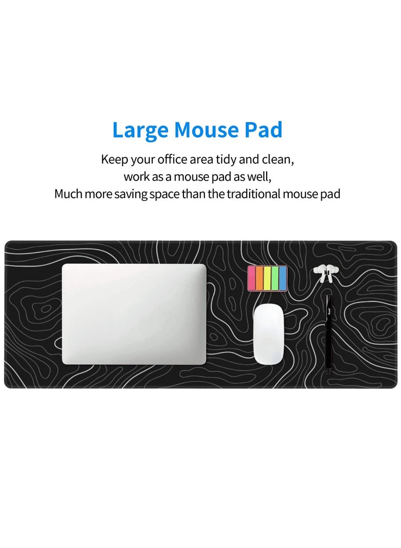 90CM x 40CM Black Gaming Laptop Mouse Pad, Topographic Gaming Mouse Pad, Big Desk Pads PC Keyboard Non-Slip Thick Rubber Table Mat, Mouse Pads-White Solid Wire Head