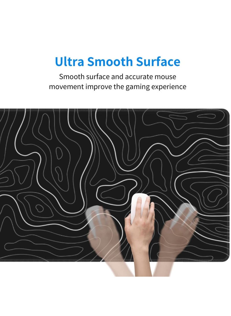 90CM x 40CM Black Gaming Laptop Mouse Pad, Topographic Gaming Mouse Pad, Big Desk Pads PC Keyboard Non-Slip Thick Rubber Table Mat, Mouse Pads-White Solid Wire Head