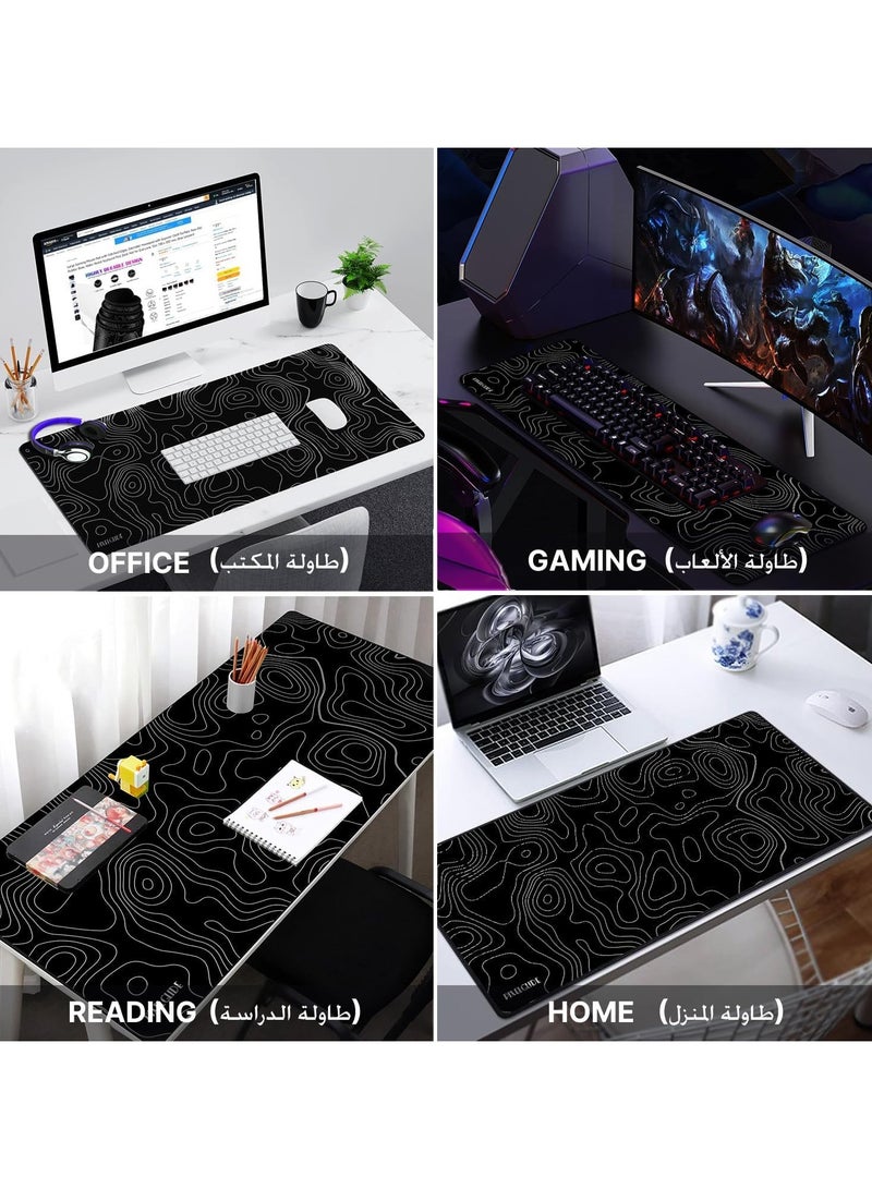 90CM x 40CM Black Gaming Laptop Mouse Pad, Topographic Gaming Mouse Pad, Big Desk Pads PC Keyboard Non-Slip Thick Rubber Table Mat, Mouse Pads-White Solid Wire Head