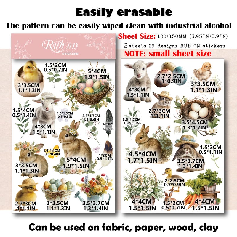 CATaireen Spring Easter Crafts Rub On Transfers Sticker Vintage Floral Farm Rabbit Cow Decal DIY Egg Cute Bunny Use for Fabric Clay Paper Wood Holiday Scrapbooking Embellishments (Small 2 Sheets) - Image 2
