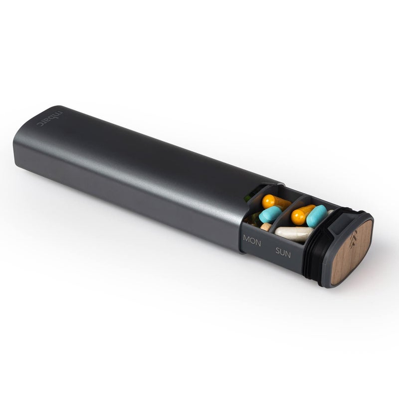 HigherHuman 7 Day Weekly Pill Organizer 2.0 by mbarc - Premium Stylish Aluminum and Wood Large Capacity Pill Box for Supplements, Pills, Vitamins and Medication. (Steel Grey) - Image 1