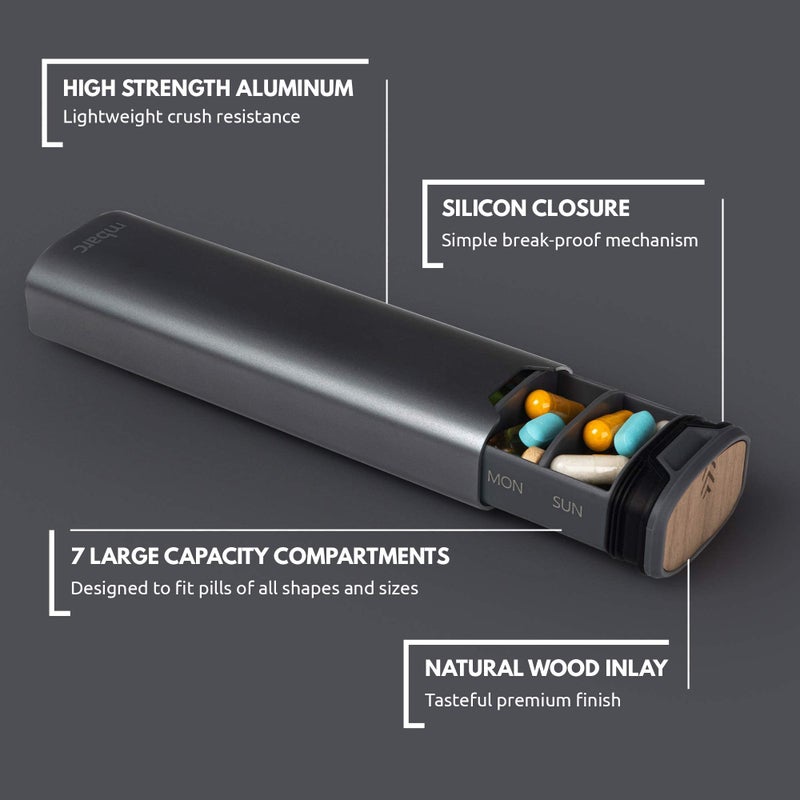 HigherHuman 7 Day Weekly Pill Organizer 2.0 by mbarc - Premium Stylish Aluminum and Wood Large Capacity Pill Box for Supplements, Pills, Vitamins and Medication. (Steel Grey) - Image 2