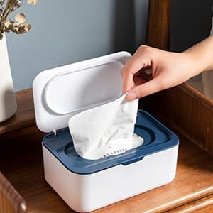 Sakar Wipes Dispenser||Dustproof Tissue Storage Box Case||Wipes Pouch Case||Baby Napkin Storage Box Holder||Wet Wipes Dispenser Holder with Lid for Home/Office/Desk(Pack of 1)(White with Dark Blue). - Image 2