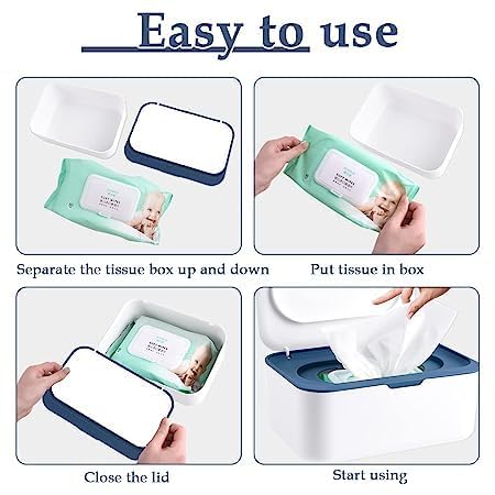 Sakar Wipes Dispenser||Dustproof Tissue Storage Box Case||Wipes Pouch Case||Baby Napkin Storage Box Holder||Wet Wipes Dispenser Holder with Lid for Home/Office/Desk(Pack of 1)(White with Dark Blue). - Image 4