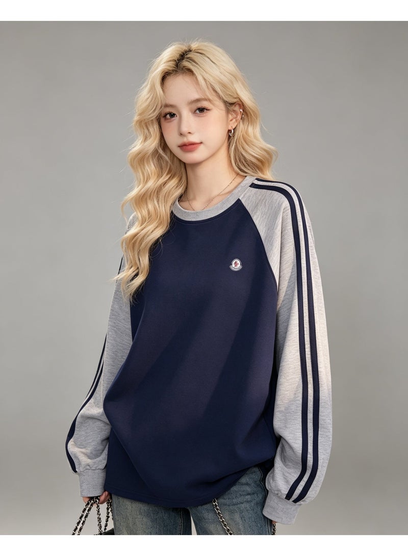 MONCLER LES SOMMETS MONCLER Raglan Long Sleeve Sweatshirt Couple Outfit Oversized Casual Daily Street Style Modest Wear For Men And Women Navy Grey - Image 4