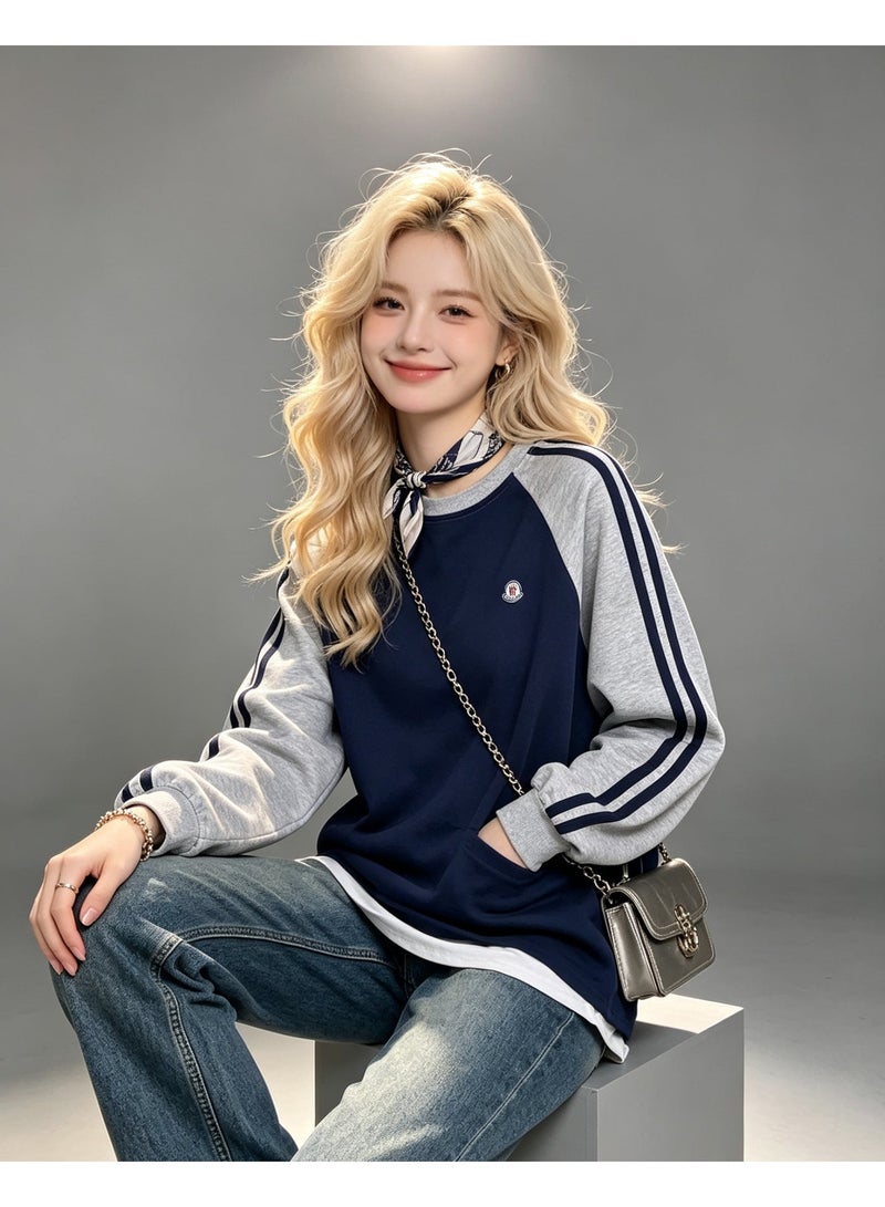MONCLER LES SOMMETS MONCLER Raglan Long Sleeve Sweatshirt Couple Outfit Oversized Casual Daily Street Style Modest Wear For Men And Women Navy Grey - Image 5
