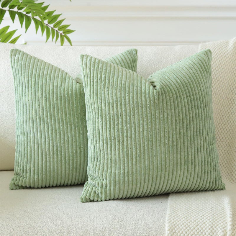 JOTOM Set of 2 Corduroy Soft Striped Cushion Covers 45x45 cm Boho Decorative Throw Pillow Covers Square Cushion Case Pillowcases for Couch Sofa Bedroom Chair Home Decor 18x18 Inch Sage Green
