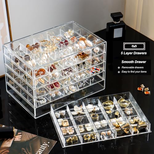 YUFONG Earring Holder Organizer Acrylic Earring Storage Box for Girls Women Jewelry Organizer Display Case with 100 Small Compartment (Clear, 5 Drawers) - Image 2
