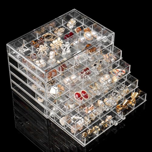 YUFONG Earring Holder Organizer Acrylic Earring Storage Box for Girls Women Jewelry Organizer Display Case with 100 Small Compartment (Clear, 5 Drawers) - Image 1