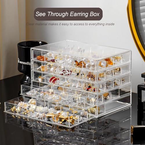 YUFONG Earring Holder Organizer Acrylic Earring Storage Box for Girls Women Jewelry Organizer Display Case with 100 Small Compartment (Clear, 5 Drawers) - Image 4