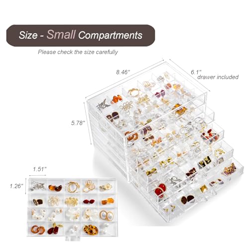 YUFONG Earring Holder Organizer Acrylic Earring Storage Box for Girls Women Jewelry Organizer Display Case with 100 Small Compartment (Clear, 5 Drawers) - Image 3