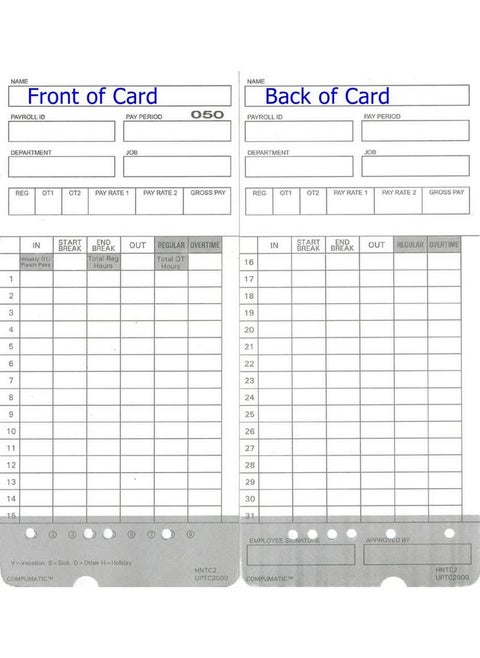 50 Time Cards For Upunch Hn2000 Hn2500 Hn4000 Hn4500 Autoalign Calculating Time Clock And More Hntc2 Uptc2000 Compumatic Compatible