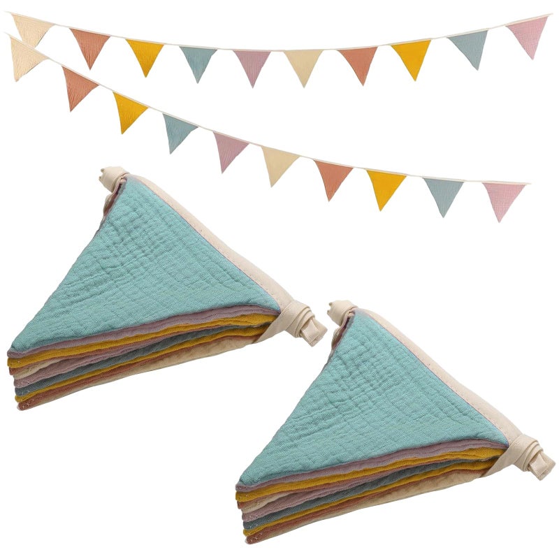 YOGEYOGE 2PCS Pennant Banner Flags, Fabric Bunting Banner Nursery Garland Decor, Baby Shower Garland, Triangle Flags for Baby Boy Room, Playroom, Boho Birthday Party Decor, Each 7.75 ft (Vintage Color) - Image 1