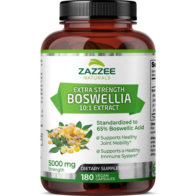Zazzee Extra Strength Boswellia Serrata 101 Extract 5000 mg Strength 65 Boswellic Acid 180 Vegan Capsules 6 Month Supply Standardized 10X High Potency 100 Vegetarian AllNatural NonGMO