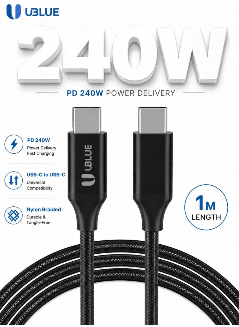 يوبلو كابل UBLUE USB-C إلى USB-C، شاحن سريع بقدرة 240 واط كحد أقصى، كابل من النوع C مضفر من النايلون، سرعة نقل بيانات تصل إلى 480 ميجابت في الثانية لأجهزة MacBook Pro/Air و iPad Pro/Air 4 و Galaxy S25/24/23 Ultra و iPhone 15-17 Pro Max و Huawei P70 - Image 1