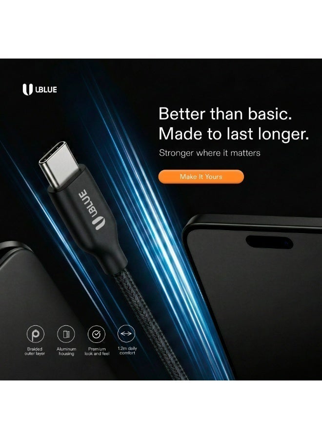 يوبلو كابل UBLUE USB-C إلى USB-C، شاحن سريع بقدرة 240 واط كحد أقصى، كابل من النوع C مضفر من النايلون، سرعة نقل بيانات تصل إلى 480 ميجابت في الثانية لأجهزة MacBook Pro/Air و iPad Pro/Air 4 و Galaxy S25/24/23 Ultra و iPhone 15-17 Pro Max و Huawei P70 - Image 3