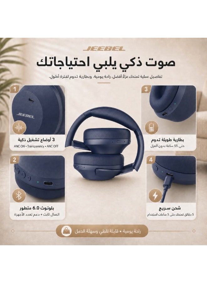 Jeebel ANC PRO smart wireless headphones with advanced noise cancellation, deep stereo sound, Bluetooth 6.0, up to 55 hours of playtime, multi-device connectivity, three operating modes, navy color. - Image 3