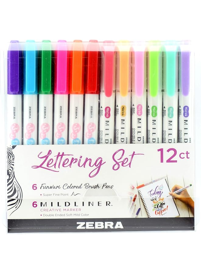 ZEBRA Pen Lettering Set Includes 6 Mildliner Highlighters And 6 Super Fine Brush Pen Assorted Colors 12 Pack - Image 1