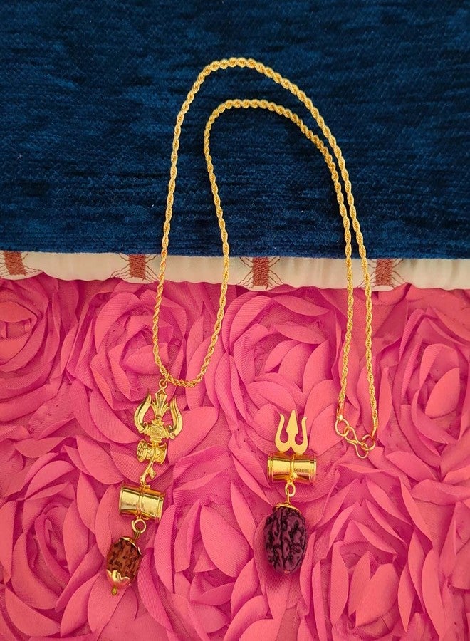 Sullery Religious Lord Shiv Shankar Mahadev Mahakal Trishul Damaru Rudraksha Bead Locket Gold Brown Brass,Wood Pendant Rope Chain NecklaceFor Men and Women - Image 3