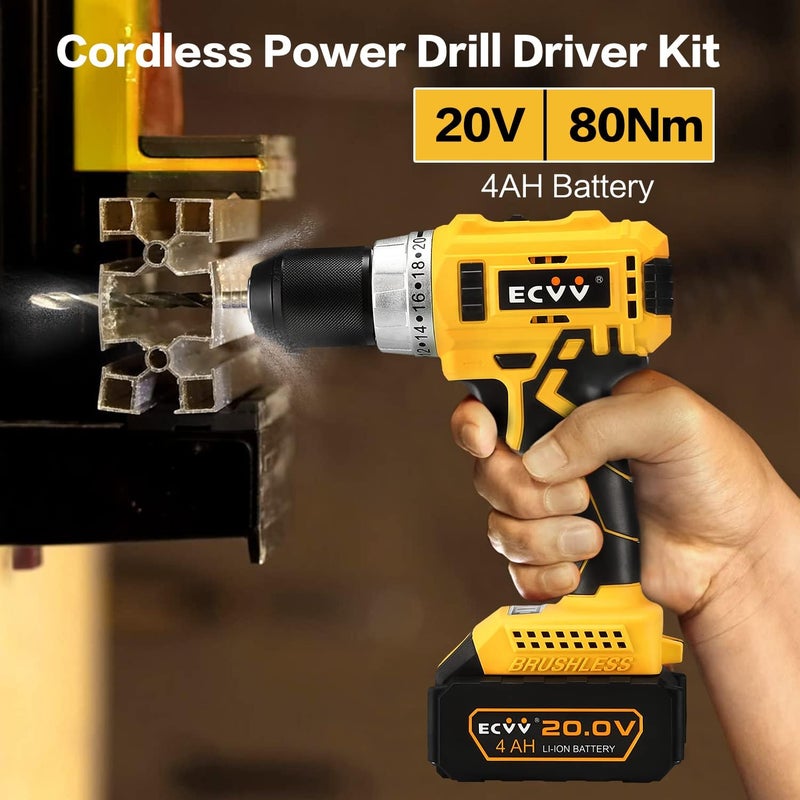 ECVV Cordless Drill Driver Kit 80Nm Torque With 2 Packs 4.0Ah Li-Ion Batteries & Fast Charger 20V Brushless Driver 2-Variable Speed With 13Mm Metal Chuck For Fastening And Drilling - Image 2