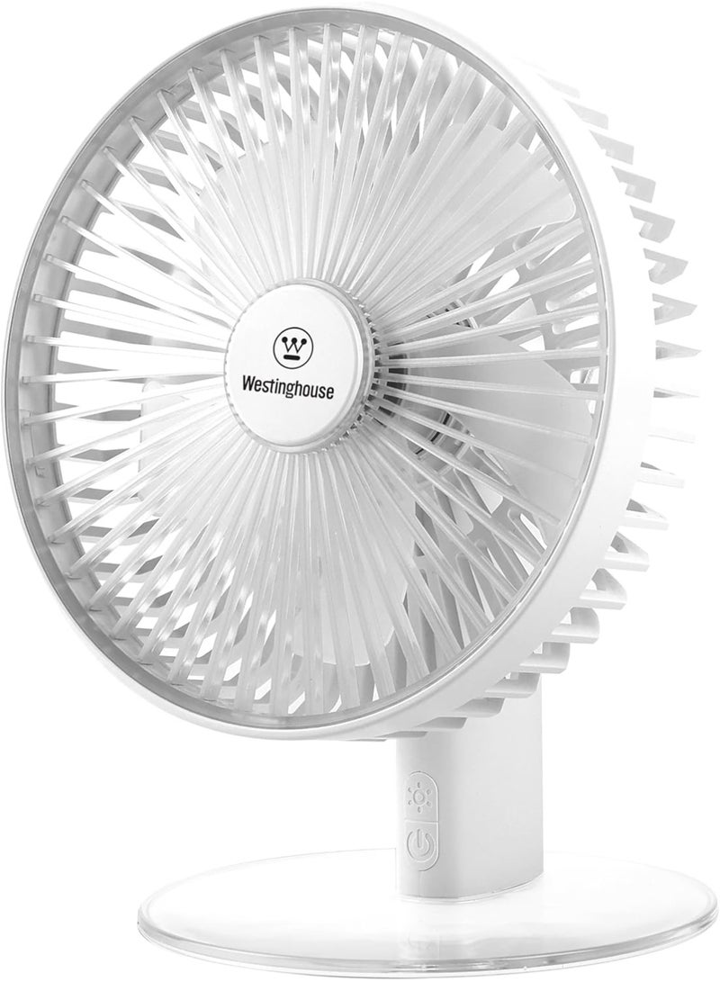 Westinghouse مروحة مكتب قابلة لإعادة الشحن - ضوء ليلي LED، مروحة طاولة USB بسرعة 4، مروحة محمولة هادئة بقاعدة دائرية مستقرة لغرفة النوم، المكتب، المنزل – 225 مم × 182 مم - Image 1