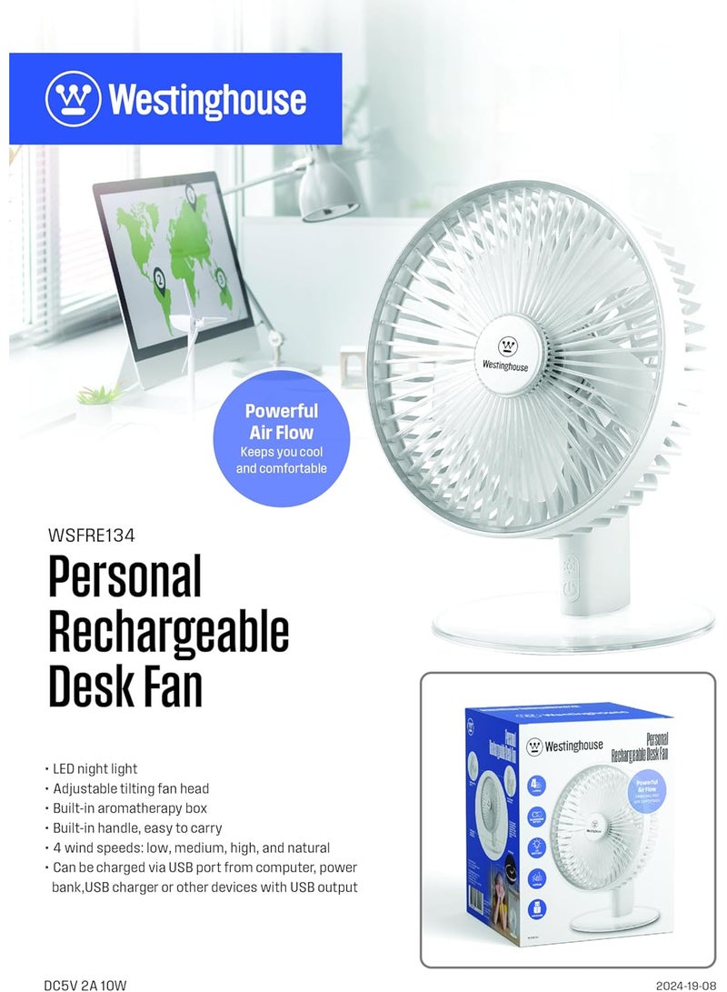 Westinghouse مروحة مكتب قابلة لإعادة الشحن - ضوء ليلي LED، مروحة طاولة USB بسرعة 4، مروحة محمولة هادئة بقاعدة دائرية مستقرة لغرفة النوم، المكتب، المنزل – 225 مم × 182 مم - Image 2