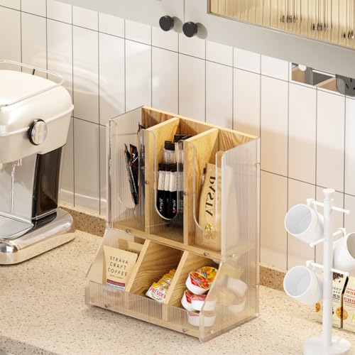 BYCY Coffee Bar Organizer for Countertop,Wooden Shelf for Tea Station with acrylic boards,Coffee Cup and Lid Organizer Coffee Pod Holder Accessories Storage for Office, Home - Image 2