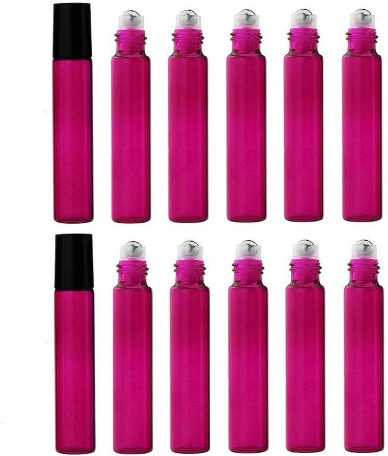 Happyupcity 12PCS 10ML 0.3OZ Hot Pink Empty Glass Roller Bottles with Stainless Steel Roller Balls and Black Cap Essential Oil Perfume Holder Jar Pot Portable Refillable Container for Travel Daily Life