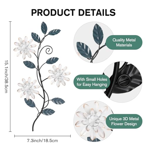 KHJCXS 2 Pieces Metal Flower Leaf Wall Art 15173 Modern Rustic Iron Artwork Hanging Decor for Home Bedroom Living Room Dining Room Kitchen Hallway Office White - Image 3