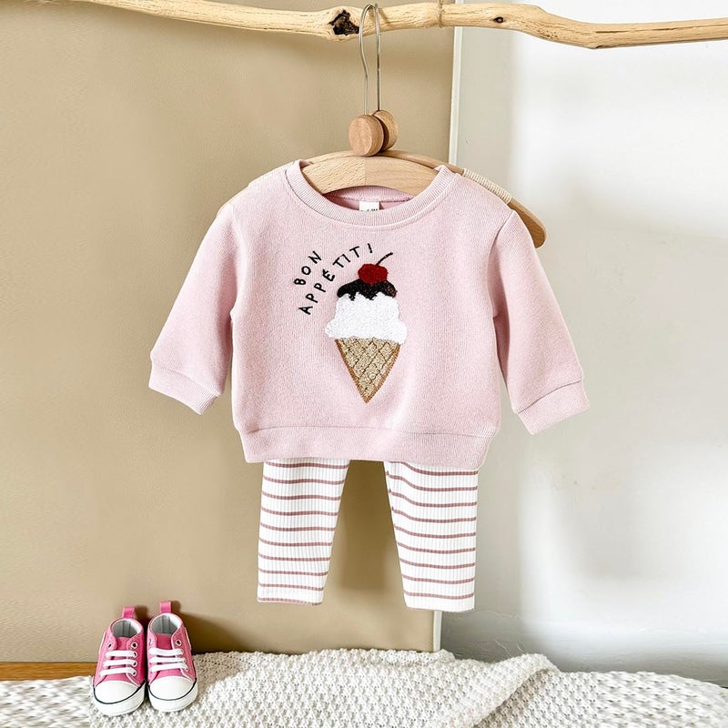 Korago Baby Girls Clothes 2-Piece Set Fall Long Sleeve Top & Pants Outfit Ice Cream Embroidery Soft Toddler Outfit 6M 18M 3T (Pink, 2-3 Years) - Image 5