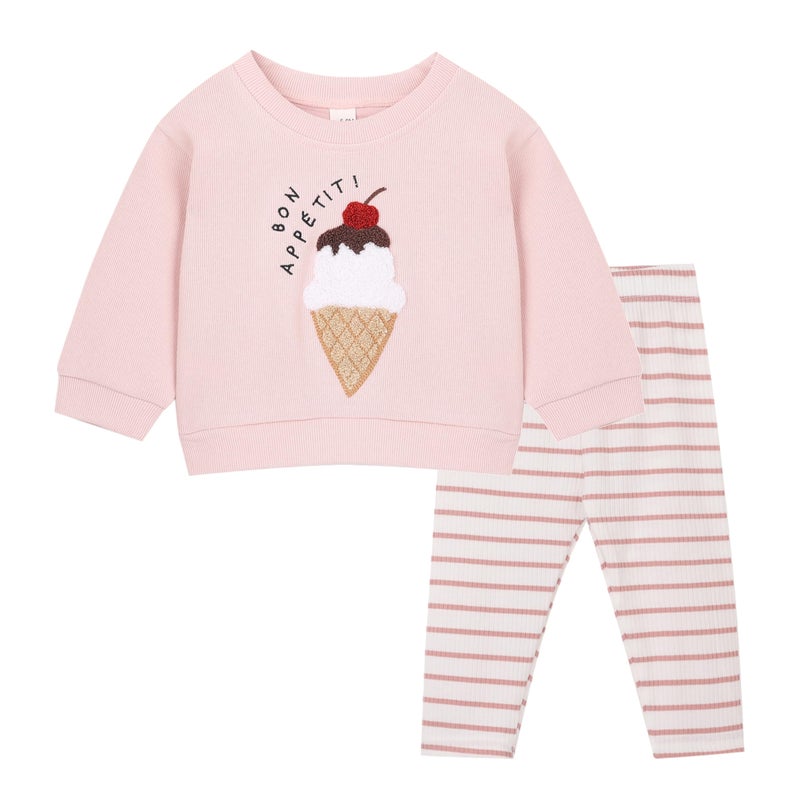 Korago Baby Girls Clothes 2-Piece Set Fall Long Sleeve Top & Pants Outfit Ice Cream Embroidery Soft Toddler Outfit 6M 18M 3T (Pink, 2-3 Years) - Image 1