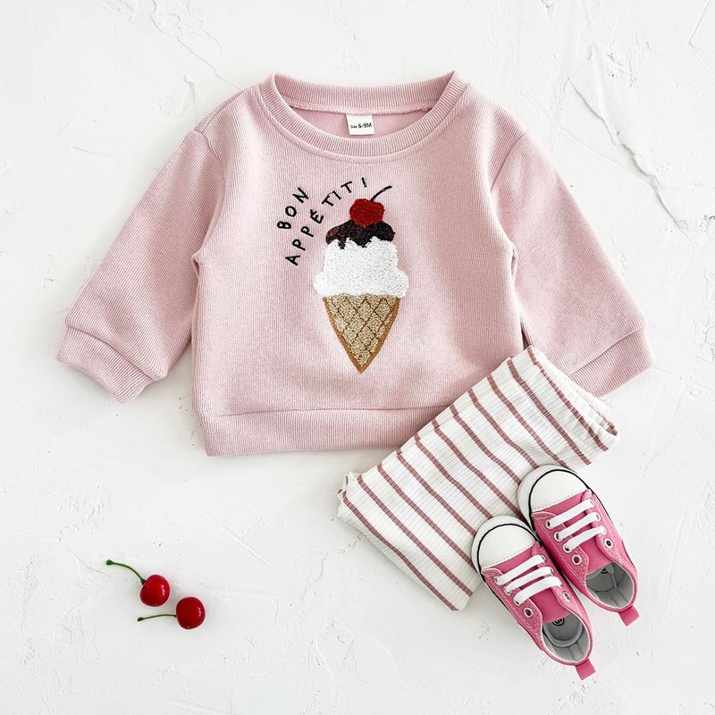 Korago Baby Girls Clothes 2-Piece Set Fall Long Sleeve Top & Pants Outfit Ice Cream Embroidery Soft Toddler Outfit 6M 18M 3T (Pink, 2-3 Years) - Image 2
