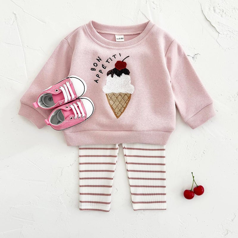 Korago Baby Girls Clothes 2-Piece Set Fall Long Sleeve Top & Pants Outfit Ice Cream Embroidery Soft Toddler Outfit 6M 18M 3T (Pink, 2-3 Years) - Image 4