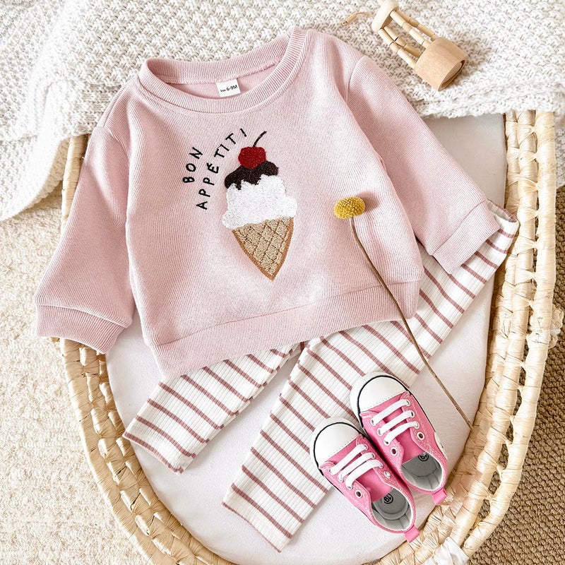 Korago Baby Girls Clothes 2-Piece Set Fall Long Sleeve Top & Pants Outfit Ice Cream Embroidery Soft Toddler Outfit 6M 18M 3T (Pink, 2-3 Years) - Image 3